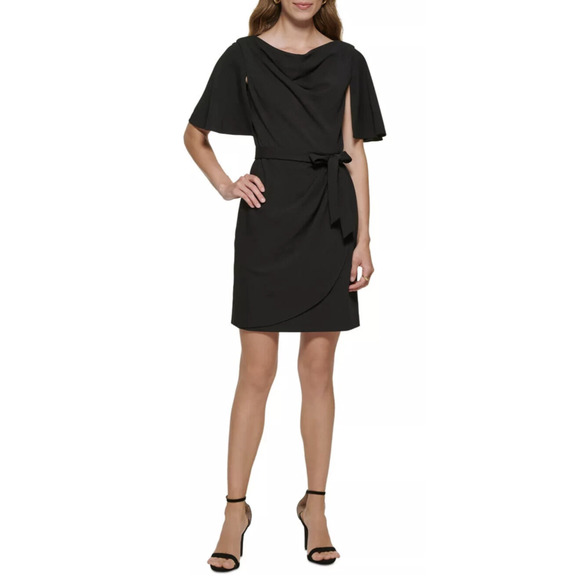 DKNY Dress Womens 2 Black Belted Flutter Sleeve Wrap Knee Length Cowl Neck New - Picture 1 of 11